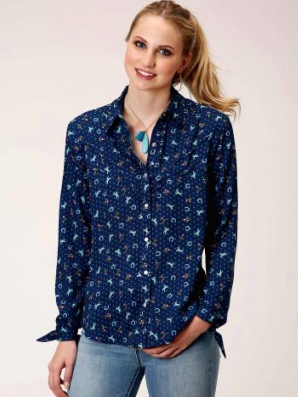Roper Woman’s Horse Print Rayon Western Snap Shirt Large Blue Rodeo Ranch Nwt